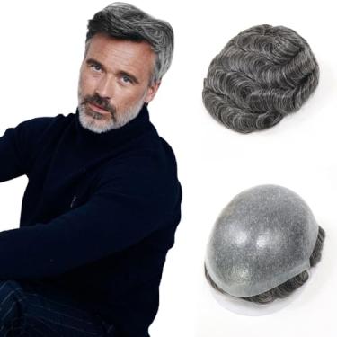 Imagem de Peruca masculina de poliuretano 0,06-0,08 mm cabelo humano peruca natural mesclada cinza/marrom peruca masculina nó único sistema de substituição de apliques de cabelo humano 30 mm onda 120% densidade