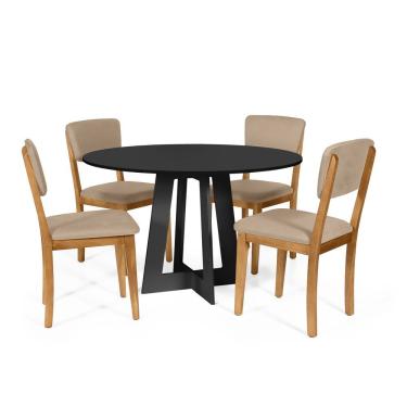 Imagem de Mesa De Jantar Redonda Montreal Preta Com 4 Cadeiras Estofadas Ella Bege