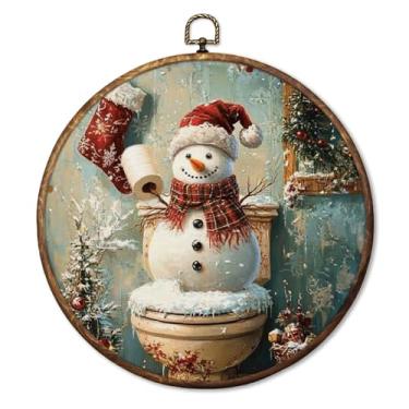 Imagem de HUGANE Decoração de parede redonda para banheiro, boneco de neve de Natal, vintage, engraçado, boneco de neve no vaso sanitário, impressões emolduradas, esculturas de parede para banheiro, banheiro