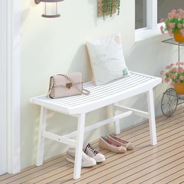 Imagem de Banco de jantar de bambu, banco longo para uso interno, resistente e confortável, design de ripas duráveis, assentos de entrada modernos para corredor (branco, 1 camada)