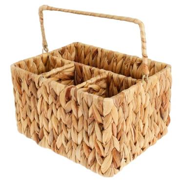 Imagem de Organizador de utensílios de vime com 4 compartimentos, suporte de talheres de jacinto de água tecido à mão para bancada, organizador de talheres ao ar livre com alça para piquenique, acampamento