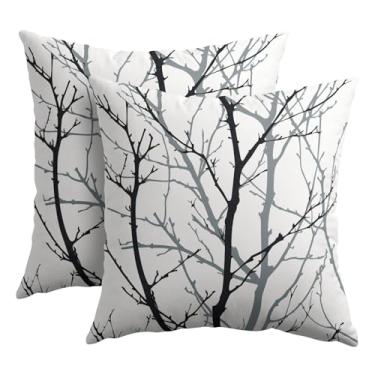Imagem de Capas de almofada de árvore preta e cinza 45,7 x 45,7 cm, cinza, preto, preto, branco, natureza, planta, conjunto de 2 almofadas sazonais modernas de fazenda, decoração de casa para sofá e sofá ao ar