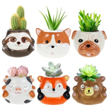 Imagem de 6 vasos de suculentas, lindos vasos de cerâmica com drenagem, mini plantador de suculentas de jardim, vaso de flores com tema de animais, vaso decorativo de plantas pequenas para cacto, ervas