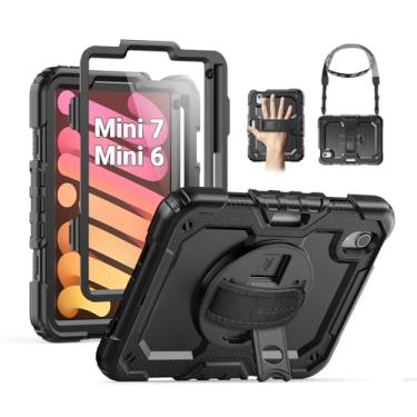 Imagem de SEYMAC Capa para iPad mini 7 (A17 Pro) 2024/Mini 6 8,3 polegadas, capa protetora à prova de choque com protetor de tela, suporte giratório de 360°, alça de mão/ombro para iPad mini 7ª/6ª geração