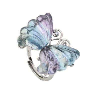 Imagem de Anel de borboleta esculpida com pedra preciosa natural – Anel de empilhamento ajustável de 25 mm, joias modernas para mulheres (tamanhos 8-12), Pedra, Ágata