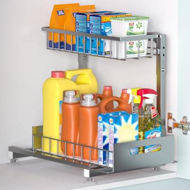 Imagem de Organizador Pro embaixo da pia: Organizador de cesta de arame removível de 2 camadas de metal premium, altura ajustável em forma de L, fácil instalação | Organizadores de armários de cozinha e
