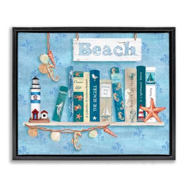 Imagem de Stupell Industries Beachy Book Shelf Panel Black Framed Floater Canvas Wall Art, design by Emma Leach, 17 x 21