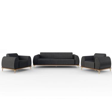 Imagem de Kit Sofá 2 Lugares 150cm Com 2 Poltronas Molino Pés D`ouro D02 Linho Cinza Escuro A-420 - Lyam Decor