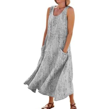 Imagem de Vestido Maxi sem mangas de linho FSAHJKEE 2024 para mulheres plus size