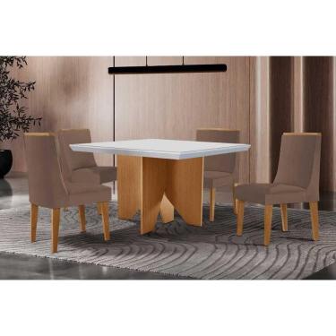 Imagem de Conjunto Sala de Jantar Nevada c/ Tampo Madeirado c/ Vidro Canto Curvo 90x90cm e 4 Cadeiras Dakota Madeira Maciça Naturale/Off White - Capuccino/Suede