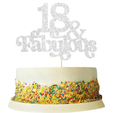 Imagem de Ephlyn 1 peça 18 & Fabulous Cake Topper Glitter Dezoito e Fabulous Cake Toppers Happy 18th Birthday Palheta de bolo para decoração de festa de aniversário de 18 anos suprimentos prata