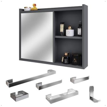 Imagem de Espelheira Superior Luxo Armarinho 1 Porta Prateleira Kit Banheiro Completo 6 Peças Aço Inox Premium (Cinza|Cromado)