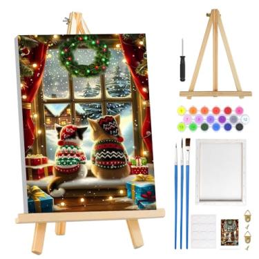 Imagem de MOGTAA Kit de pintura de gato de Natal por números para adultos iniciantes com moldura, kits de pintura de inverno para adultos por números em tela com cavalete, kits de pintura a óleo DIY fáceis para