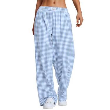 Imagem de Calça LOMON Gingham xadrez, perna larga, pijama de algodão, feminina, 