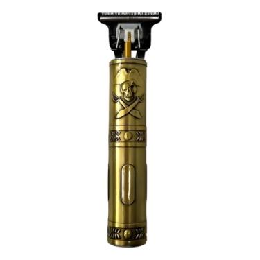 Imagem de Máquina de Cortar Cabelo, Metal Dourado com Caveira Esculpida, Lâmina T, Bateria 2h, 4 Pentes, Carregamento USB, 15cm