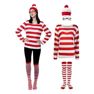 Imagem de MEDEJU Waldo Camisa listrada vermelha e branca adulto masculino feminino fantasia cosplay cosplay traje engraçado roupa de moletom roupa óculos terno P
