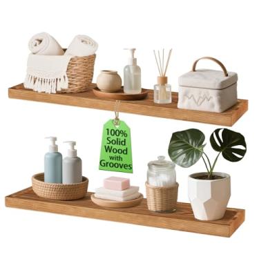 Imagem de Hiitytin Prateleiras flutuantes de madeira maciça para banheiro 91 cm Prateleiras de exibição de madeira rústica com ranhuras conjunto de 2 decoração de casa para sala de estar, quarto, cozinha