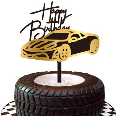 Imagem de LZGXZF Topo de bolo de feliz aniversário, topo de bolo de carro esportivo, preto e dourado, enfeite de cupcake personalizado, lembrancinhas de festa para homens e meninos, decoração de festa temática