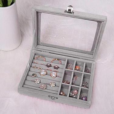 Imagem de Porta Joias Tampa Vidro Organizador Veludo Divisória Cinza - Sweet Hom