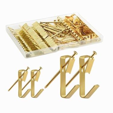 Imagem de 100 peças de cabides para quadros, kit de pendurar 2 tamanhos, incluindo ganchos para pendurar fotos de 13,6 kg/22,7 kg, ganchos resistentes com pregos para parede de madeira de drywall (dourado)