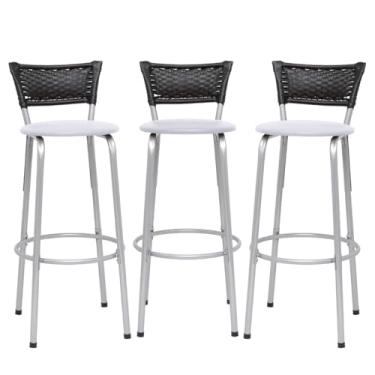 Imagem de Banqueta Altas Junco Preto Estrutura Prata 70cm Para Balcão Cozinha, Bar, Bistrô, Americano Kit 03 Unidades - Itagold (Assento Branco)