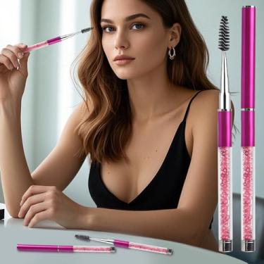 Imagem de 2 pincéis de rímel para sobrancelhas, pincéis de cílios de diamante, varinhas de rímel, aplicadores, pincéis cosméticos portáteis com tampa, spoolies de cílios para extensões de cílios (rosa)