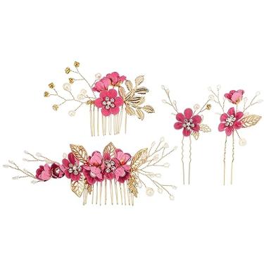 Imagem de 4 peças de pente de cabelo com strass, peça de cabelo para noiva, casamento, flor de cristal sintético, acessório de cabelo para mulheres, rosa vermelha