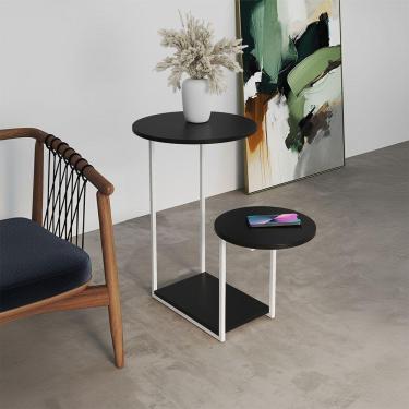 Imagem de Mesa Auxiliar Cibele Ferro Branco Tampo Preto Redondo