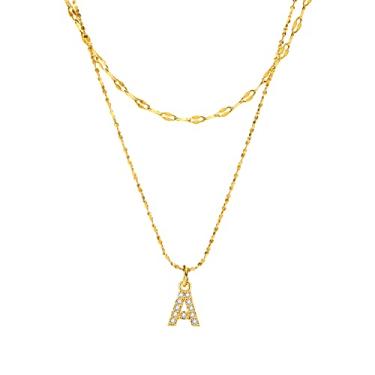 Imagem de Rockyu Colar feminino, ouro, A, inicial, aço inoxidável, hipoalergênico, pingente de letra inglesa, zircônia, pequeno, corrente dupla 17,7 polegadas (45 cm), acessórios para presente de dia das mães