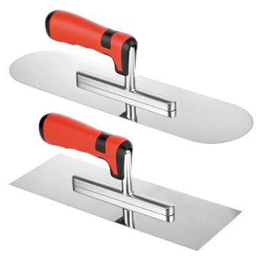 Imagem de QWORK Conjunto de ferramentas de concreto, espátula de acabamento plano de aço inoxidável (28 x 10 cm) e espátula de piscina (35 x 10 cm) para projetos de concreto, cimento e drywall