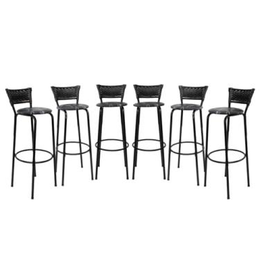 Imagem de Kit 6 Banquetas Altas 80cm Estrutura Preta Encosto Junco Preto Ideal Bancada Cozinha Americana Bares Balcão Ilha Área Gourmet Piscina Itagold (Assento Floral Preto)