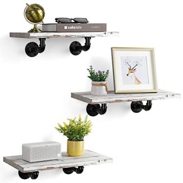 Imagem de Prateleiras flutuantes com suportes industriais para cachimbo de madeira rústica montada na parede, conjunto de 3 prateleiras para decoração de casa para banheiro, sala de estar, quarto, cozinha, escritório, branco rústico
