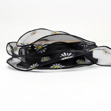 Imagem de Fita de organza floral margarida flor de margarida tecido preto transparente fita de embrulho para fazer laços de guirlanda artesanato DIY, 10 jardas