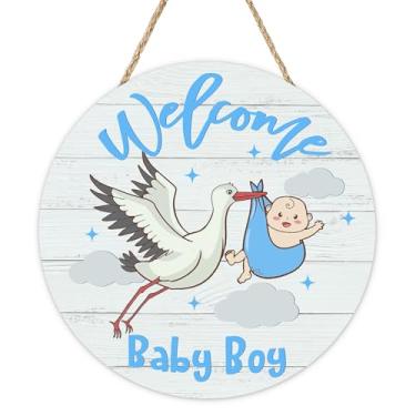 Imagem de Bolisom Placa de boas-vindas para porta da frente, chá de bebê, cegonha, cabide de madeira, berçário, decoração de casa, presente para novo pai, mãe, festa reveladora de gênero, guirlanda de madeira