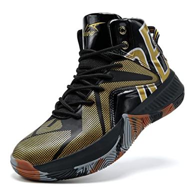Imagem de ASHION Tênis de basquete infantil unissex Air Boys Girls cano alto respirável amortecimento ao ar livre sapatos atléticos, F15/dourado preto, 16