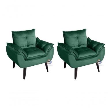 Imagem de Kit 02 Poltrona/cadeira Decorativa Glamour Com Pés Quadrado Verde Veludo