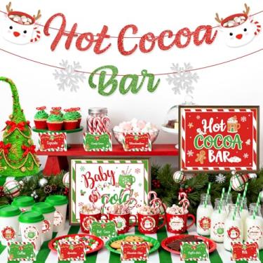 Imagem de Glitter Hot Cocoa Bar Banner, Christmas Winter Snowflake Hot Chocolate Bar Decor Christmas Santa Coffee Mug Baby It's Cold Outside Signs Toppings Labels Cup Tags Stickers for Bday Baby Shower New Year