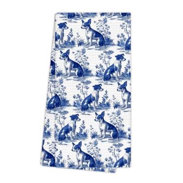 Imagem de EGBTL Chinoiserie Toalhas de cozinha Chihuahua, presentes de chihuahua, toalhas de mão para decoração de banheiro, panos de prato florais azuis e brancos para cães Grandmillennial Toalha de prato para