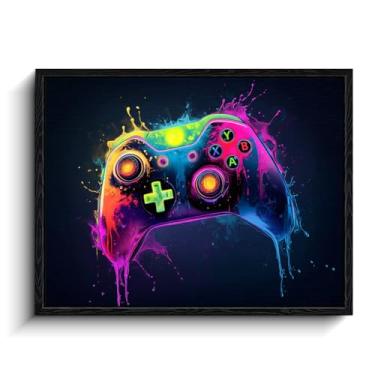 Imagem de Arte de parede de controle de jogos, respingo de tinta neon, decoração de parede moderna, impressão em tela emoldurada em papel laminado, arte de pôster de jogos, para presente de gamer de sala de