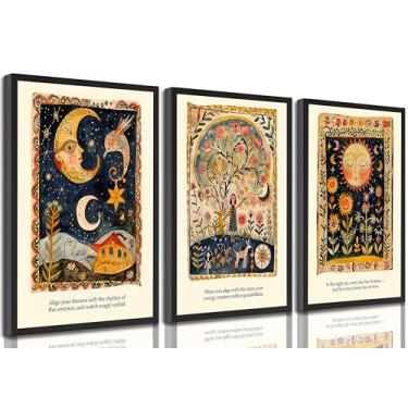 Imagem de 3 peças Boho Celestial Canvas Wall Art Tarot Abstrato Lua e Sol Árvore da Vida Pinturas Decoração de Parede Poster Impressão Arte para Quarto Sala Dormitório Decoração de Casa Sem Moldura