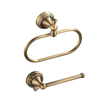 Imagem de Suporte de papel higiênico de latão antigo, anel de toalha de latão, suporte de toalha de mão oval suporte de rolo higiênico antigo cabide acessórios de banheiro montado na parede rústico 2 peças