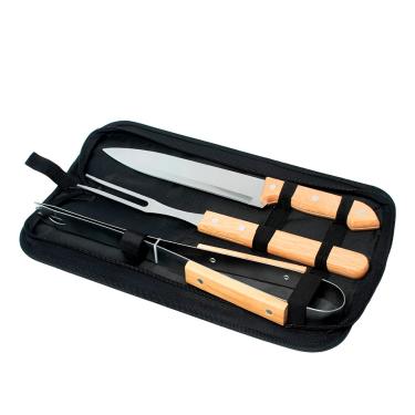 Imagem de Kit Churrasco Premium, Conjunto 3 Peças em Aço Inox com Cabo de Madeira, Faca, Garfo, Pegador, Estojo de Transporte