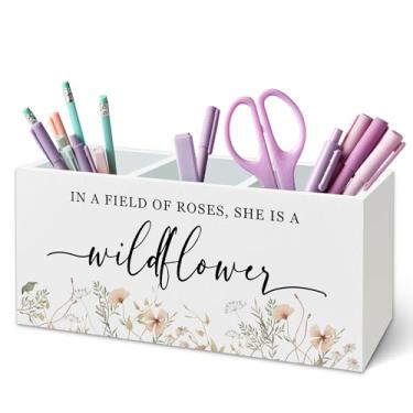 Imagem de TWRVI Suporte de caneta para decoração de berçário de flores silvestres para mesa, decoração de berçário de meninas, em um campo cheio de rosas, ela é uma flor silvestre de madeira, porta-lápis para