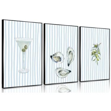 Imagem de 3 peças de arte de parede de concha de ostra Funky Martini Lemon Bar Cart decoração de parede imagens azul branco listrado preppy costeiro neta estética pôsteres casa praia apartamentos decoração sem