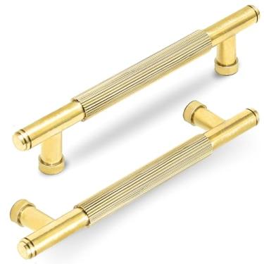 Imagem de DEKORYX Pacote com 2 puxadores de armário dourados de latão maciço – puxadores modernos de gaveta para portas de cozinha, banheiro e guarda-roupa, acabamento em latão escovado (orifícios centrais de