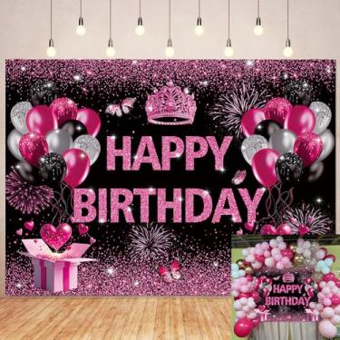 Imagem de Pano de fundo rosa preto feliz aniversário para mulheres, fundo fotográfico, balão rosa e preto, faixa de aniversário com glitter, decorações de festa para meninas, adereços de cabine de fotos