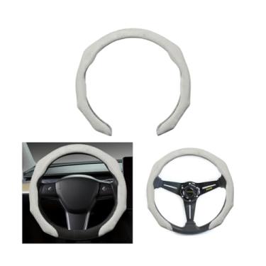 Imagem de Sandfren Capa de volante de carro, couro de camurça esportiva, antiderrapante, 38 cm, acessórios de proteção interna automotiva, ajuste universal (branco de damasco)