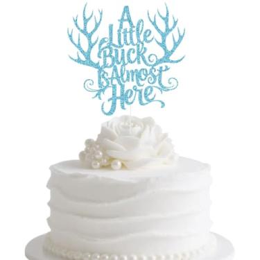 Imagem de A Little Buck is Almost Here Cake Topper, Oh Deer Baby Shower Happy 1st Birthday Party Decorations, Gender Reveal Party Supplies for Baby Boy Blue Glitter