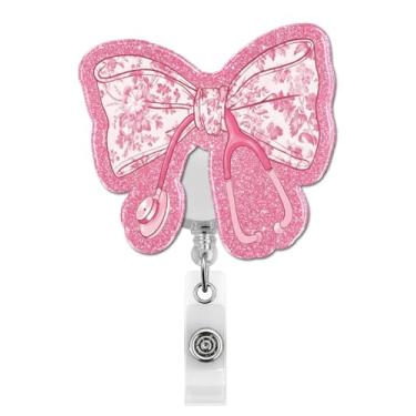 Imagem de Carretel de crachá de amamentação fofo, retrátil, suporte de crachá de estetoscópio de laço rosa com clipe jacaré, amigo de trabalho para enfermeiras médicas MA CNA RN LPN Healthcare Medical Worker