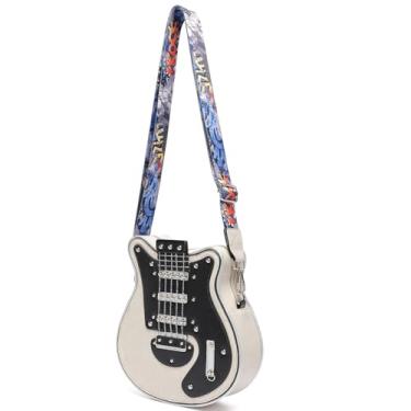 Imagem de Bolsa tiracolo masculina e feminina em forma de guitarra de couro PU exclusiva novidade bolsa de guitarra (bege 1)